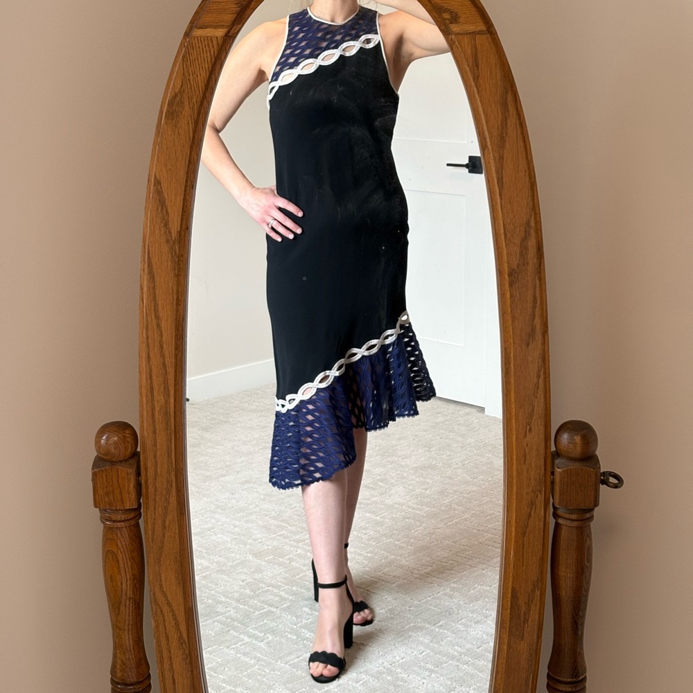 Jonathan Simkhai Black Midi Dress with Navy Lace and White Trim
